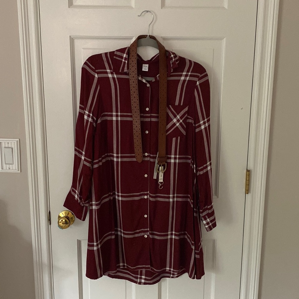 Dark Red and White Flannel Dress with Brown Belt